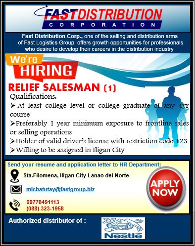 Relief Salesman, job hiring, MisOrJobs, Misamis Oriental Jobs, Jobs Vacancy, Cagayan de Oro Job Hiring